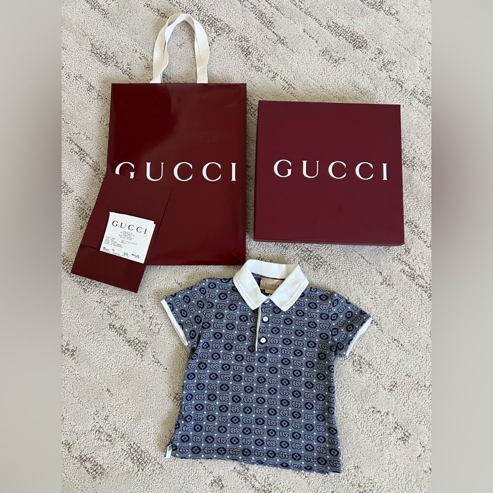 Gucci White and Blue Double G Monogram Polo, 12-18m